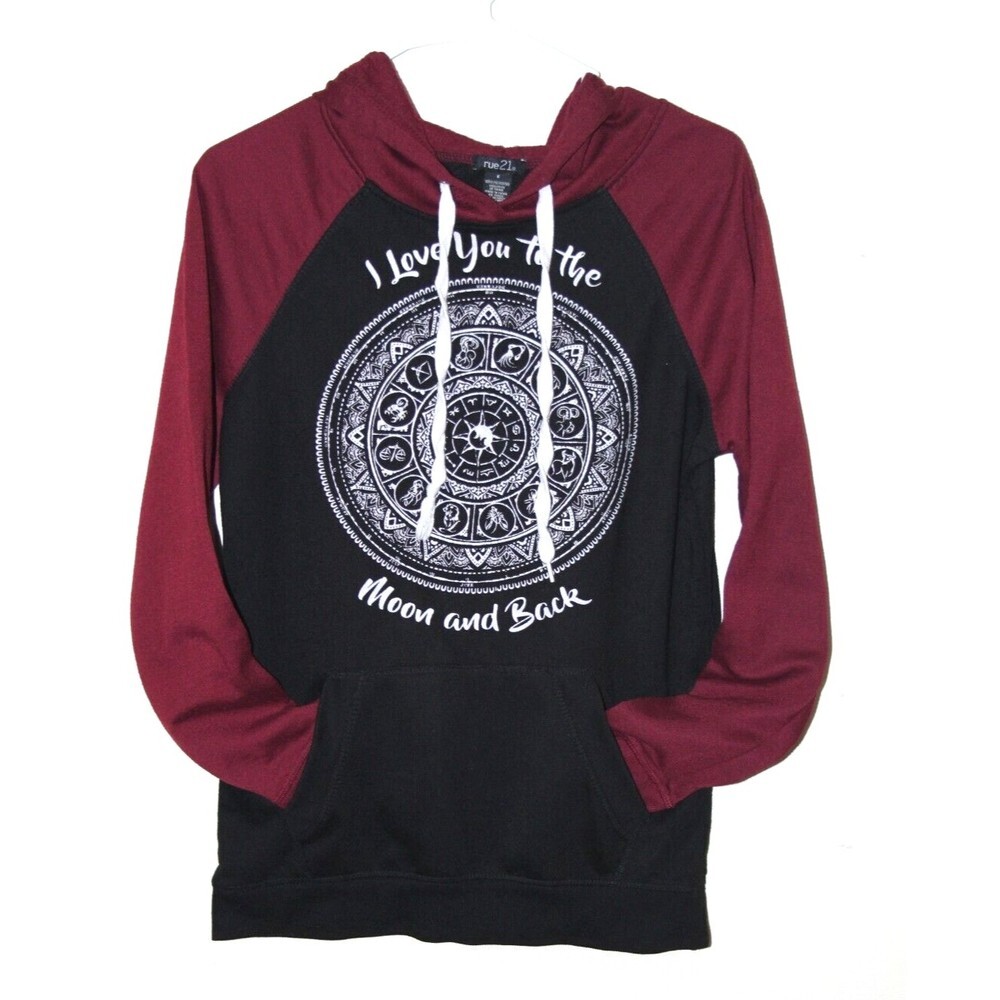 Rue 21 Women Love You To The Moon Back Maroon Black Hoodie Circle Zodiac Sign Sm